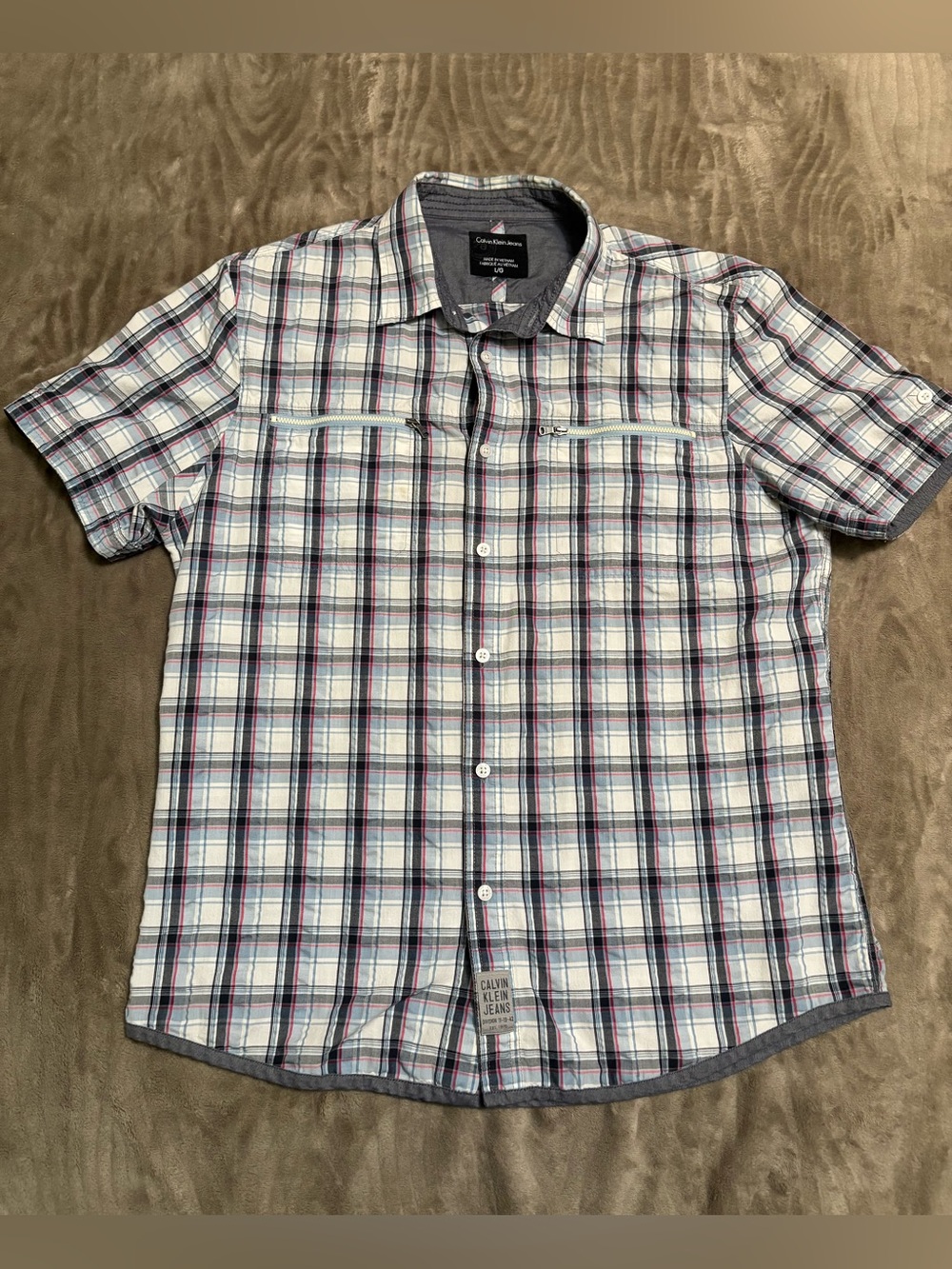 Calvin Klein Jeans Short-Sleeve Plaid Button-Up Shirt - White/Blue/Red